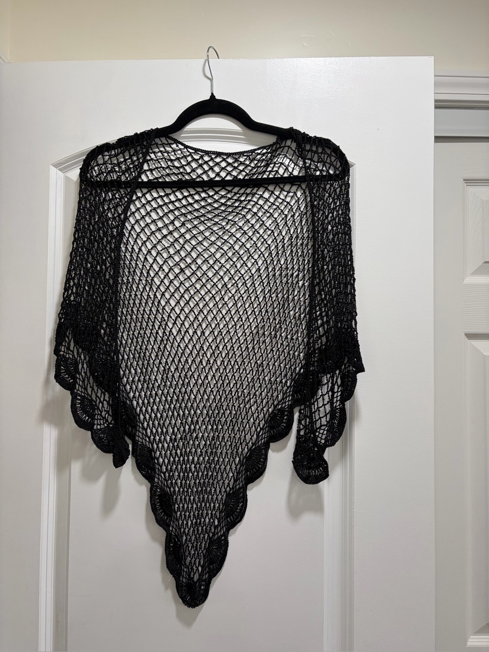 Black Crochet Beaded Fishnet Shawl Triangle Wrap with Scalloped Edge